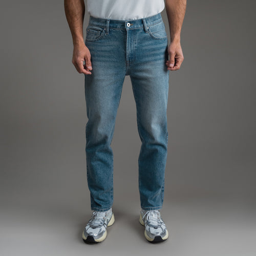 Tags:(6'0" | 180 lbs) sizeless bespoke custom jeans model Tyler in Indigo Dune