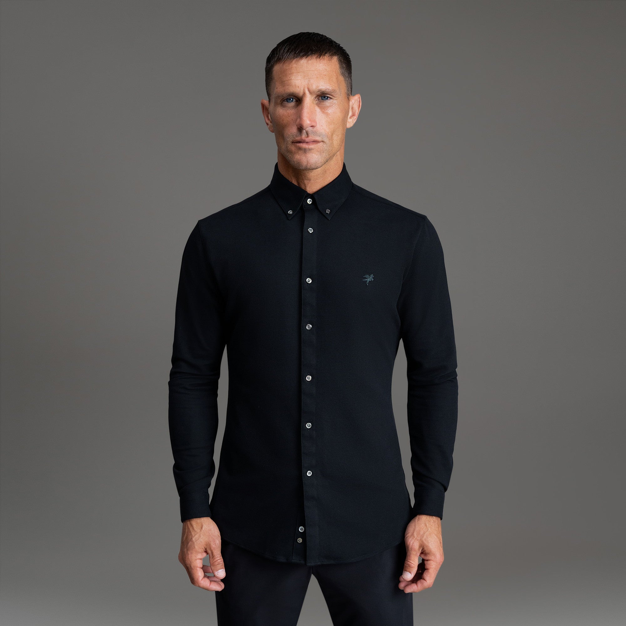 Custom Bespoke Tailored Mercer Shirt model Tyler in Black Emblem