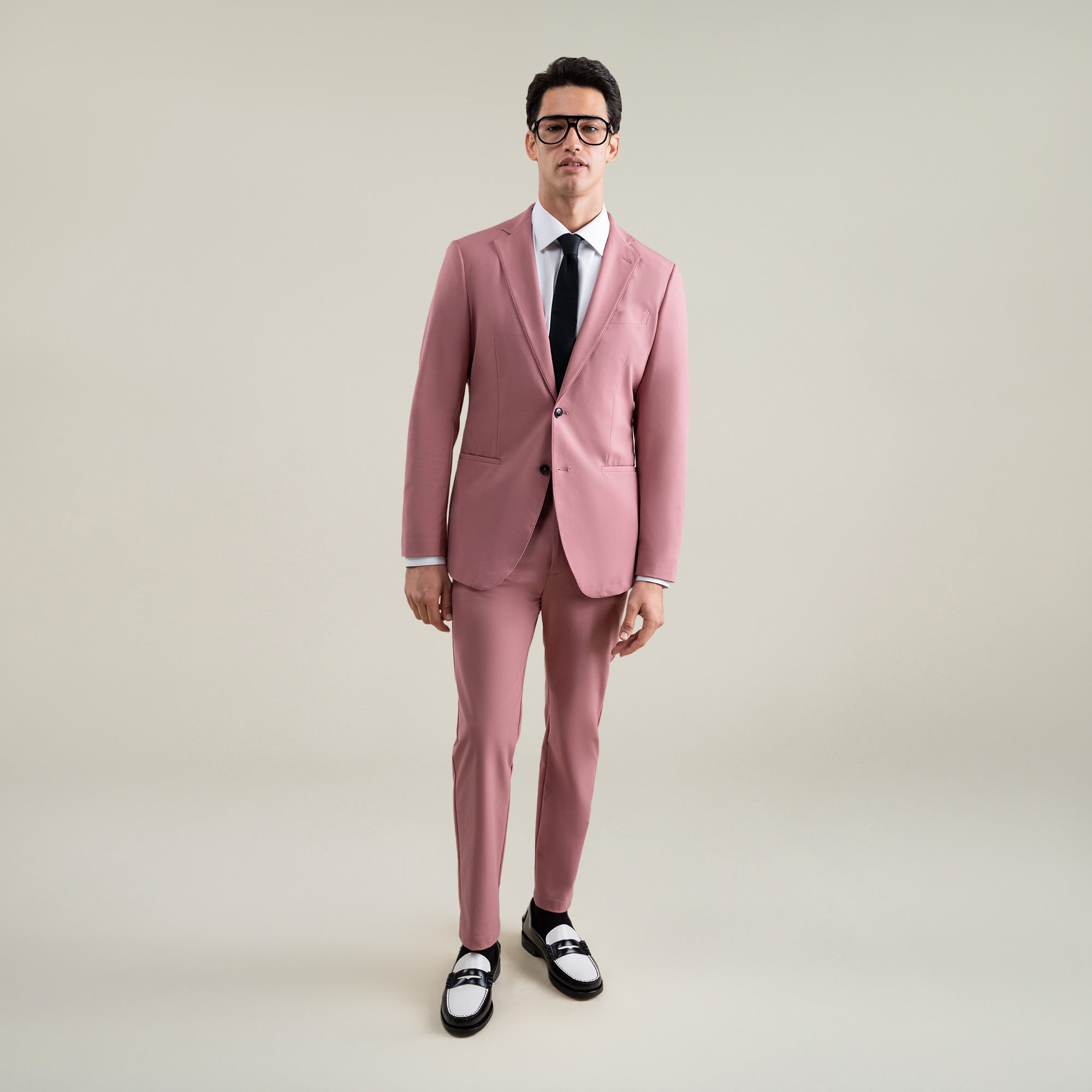 Tags:(6'1"|165) Bespoke custom athleisure technical athletic stretch suit los angeles model Jessey in Desert Rose