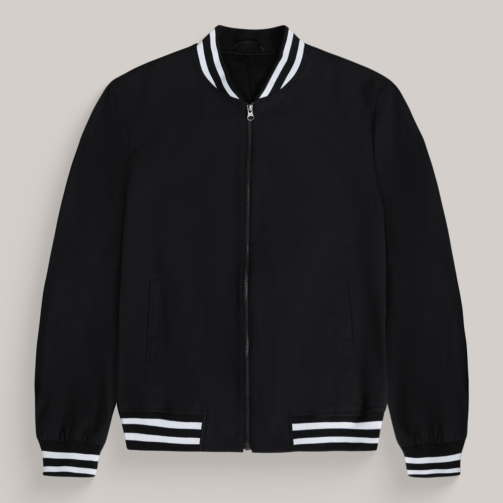 Black varsity jacket with white striped collar and cuffs.