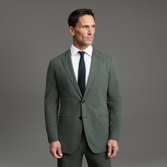 Bespoke custom athleisure technical men's suit los angeles model Tyler in Moss