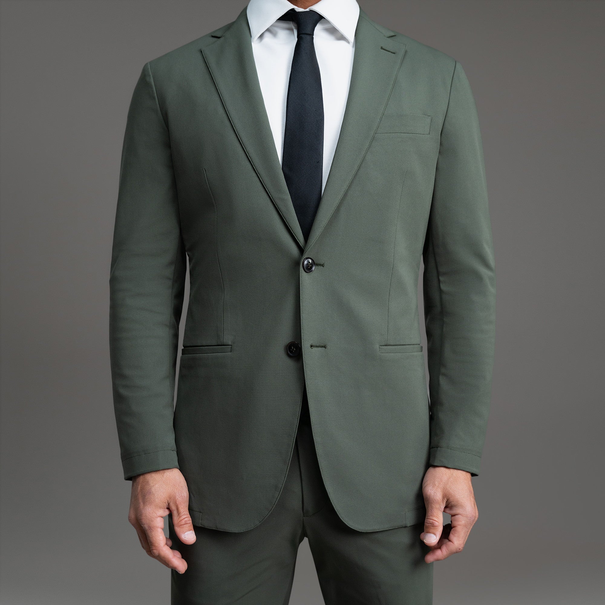 Bespoke custom athleisure technical men's suit los angeles model Tyler in Moss