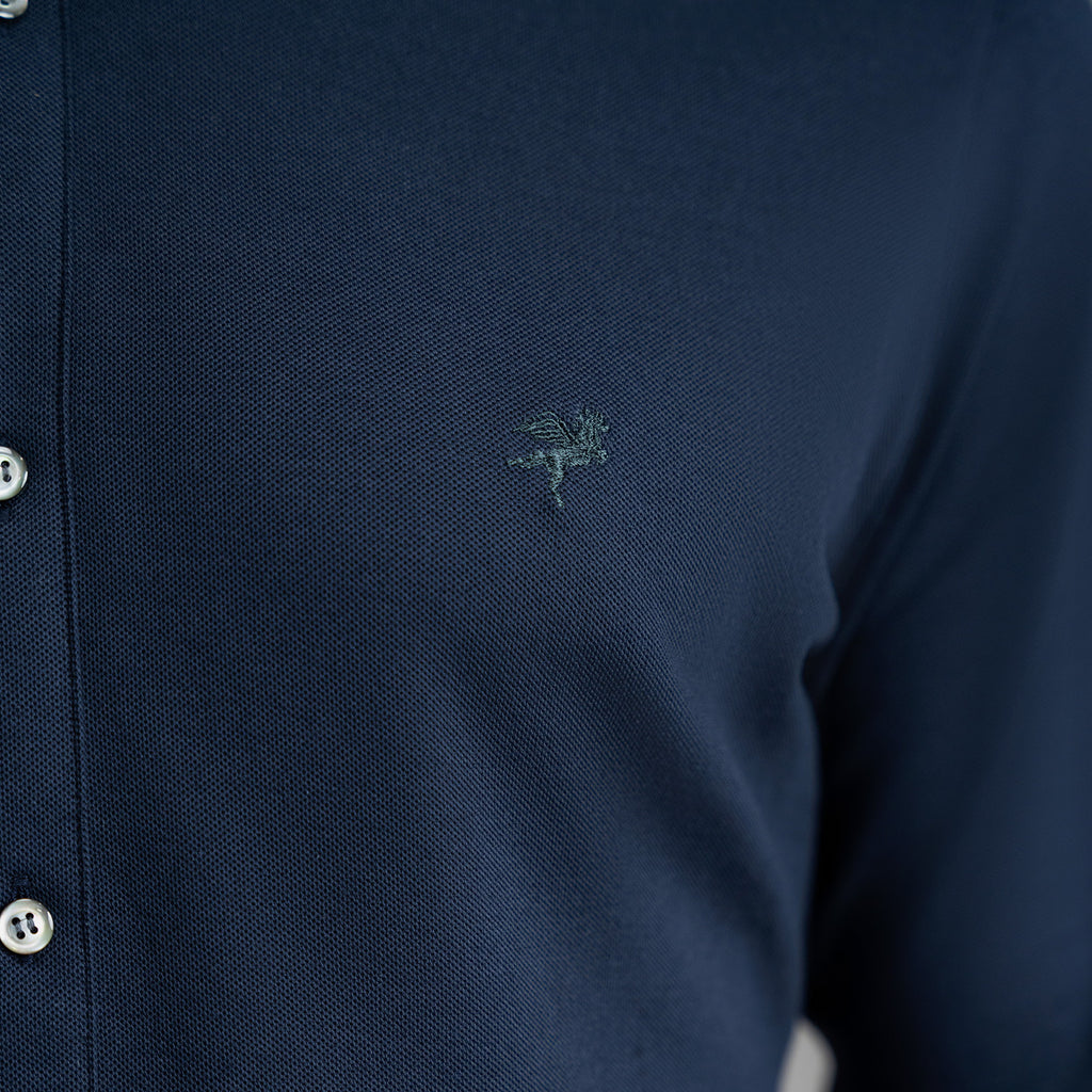 Custom Bespoke Tailored Mercer Shirt model Tyler in Navy Emblem