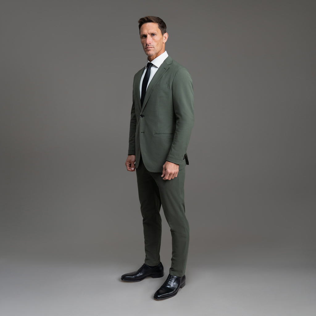 Bespoke custom athleisure technical men's suit los angeles model Tyler in Moss