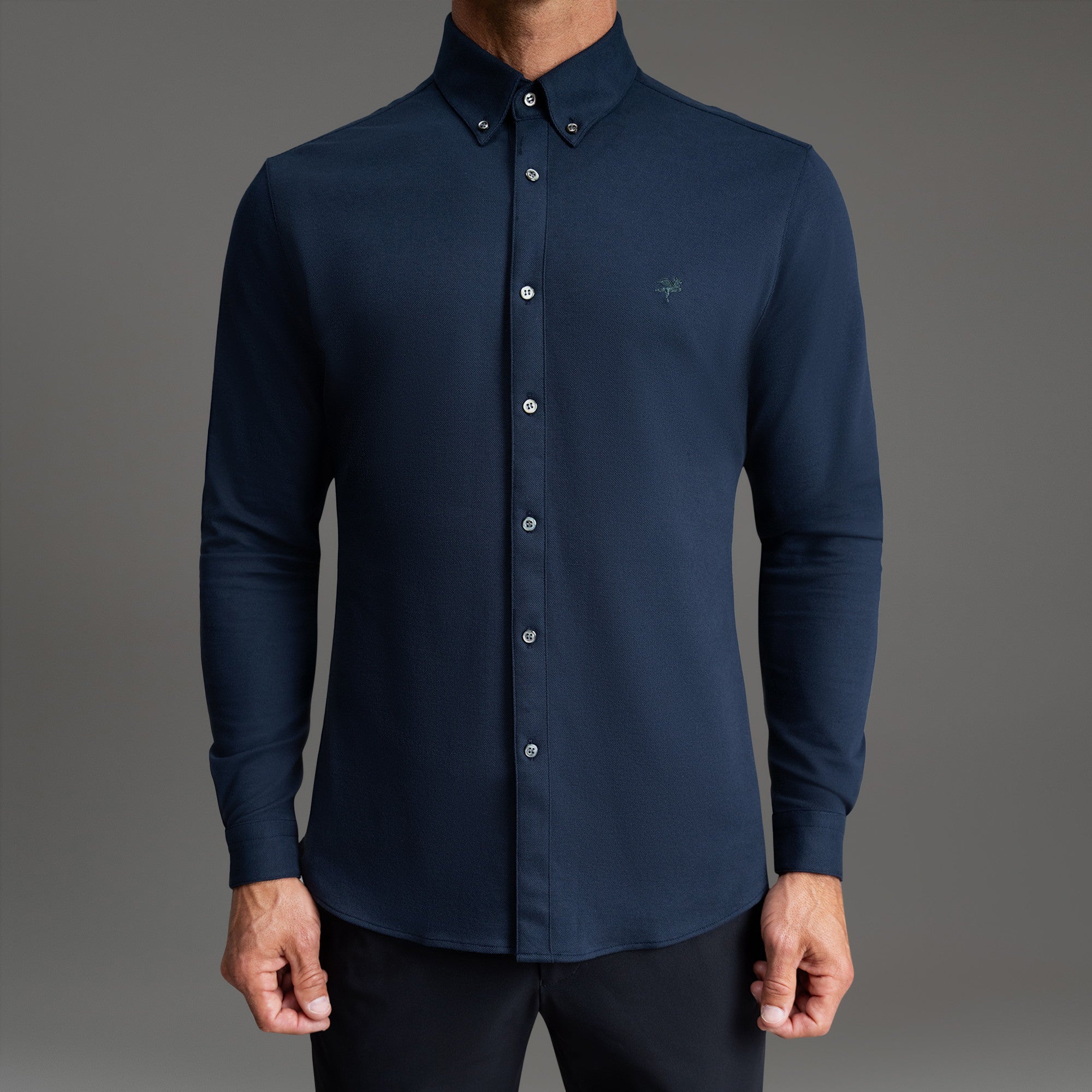 Custom Bespoke Tailored Spread Shirt model Tyler in Navy Emblem