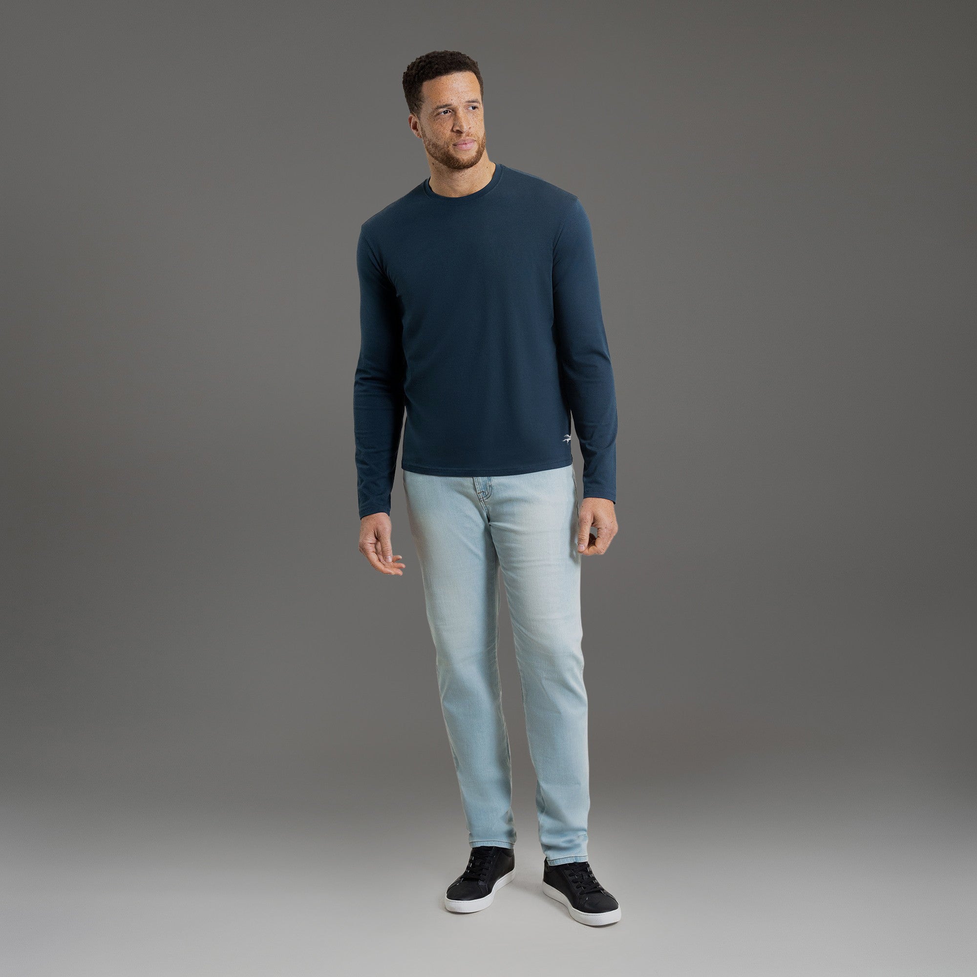 Custom longsleeve t-shirt on model Glen in Deep Sea