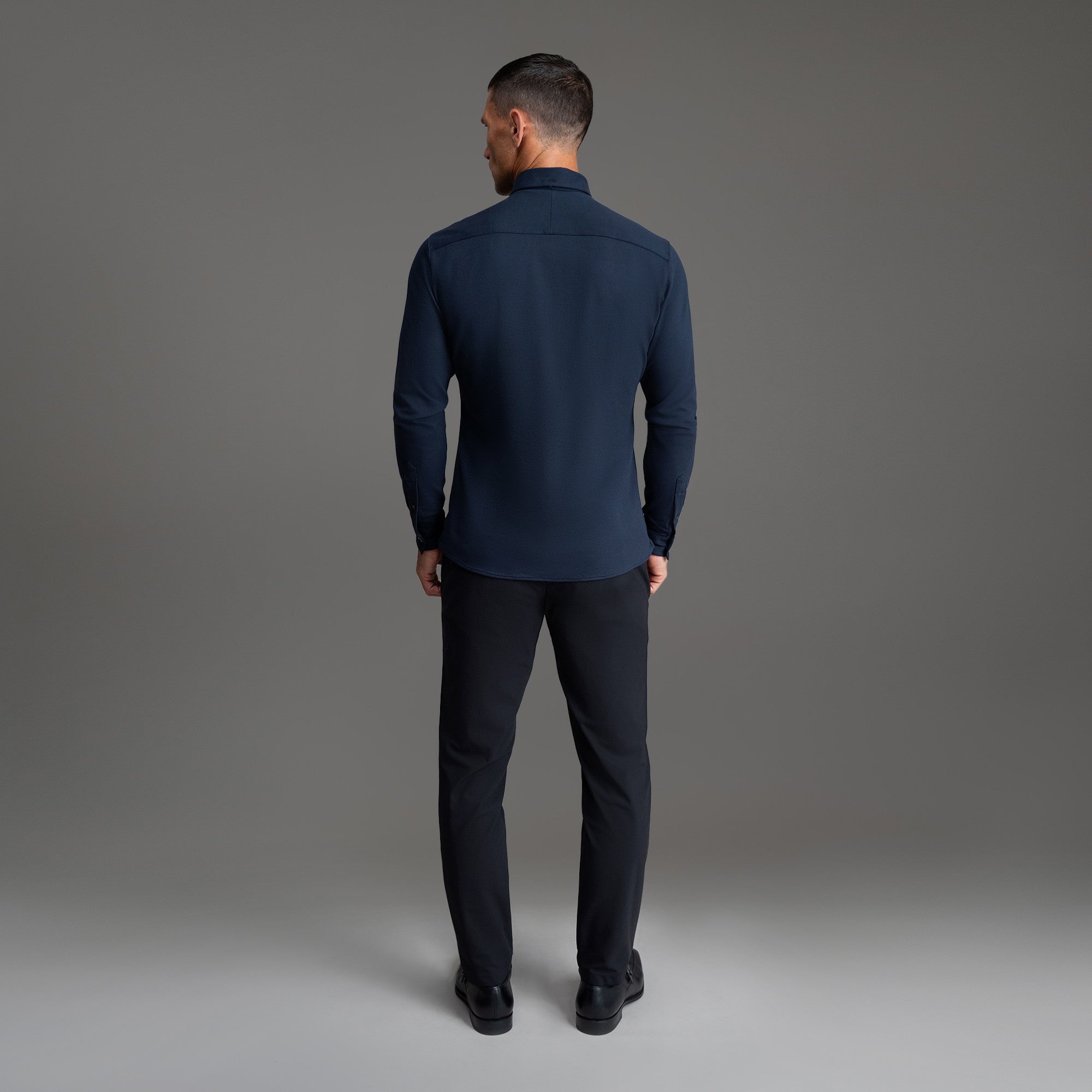 Custom Bespoke Tailored Spread Shirt model Tyler in Navy Emblem