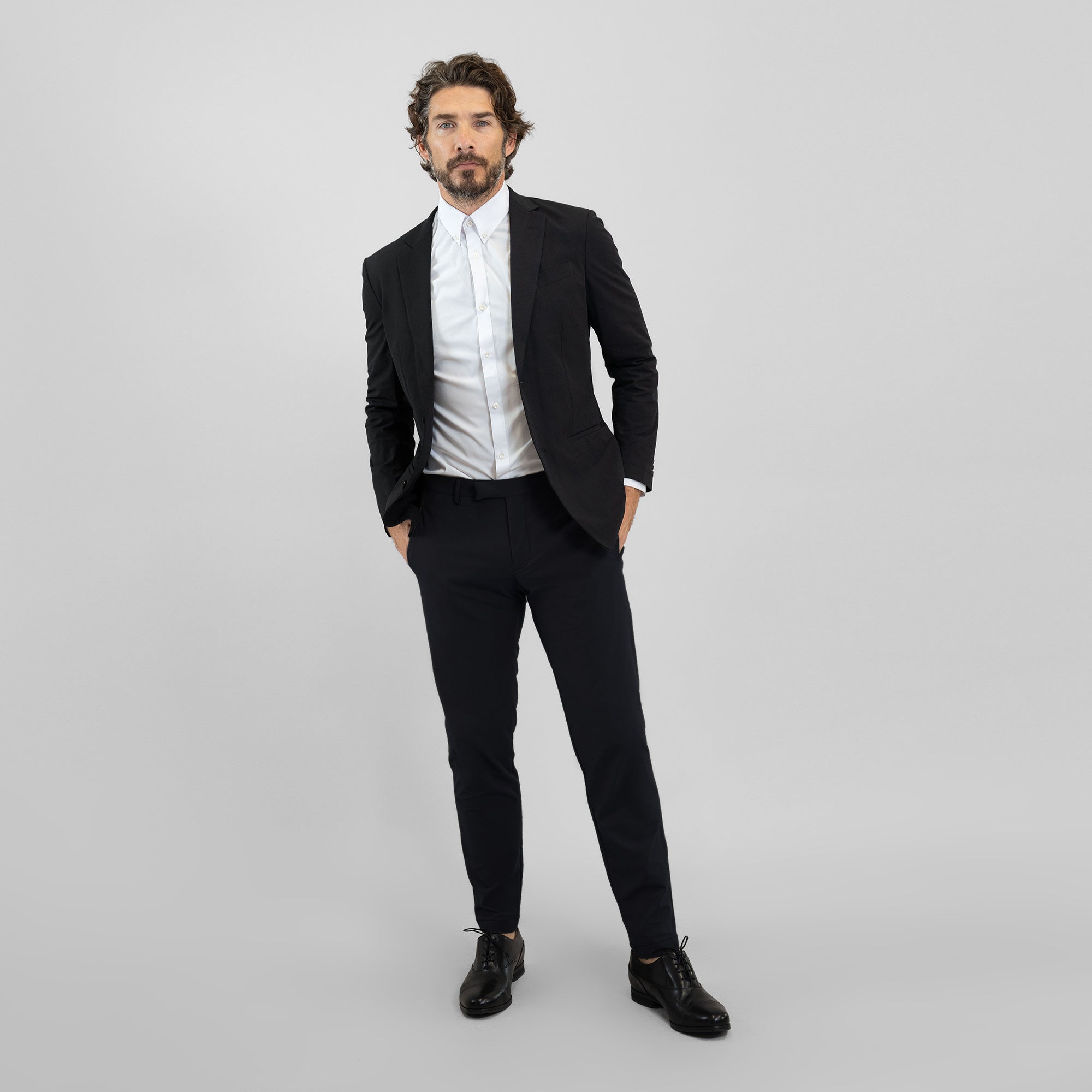 Tags:(6'0"|175 lbs) Bespoke custom athleisure technical athletic stretch suit los angeles model John in Black