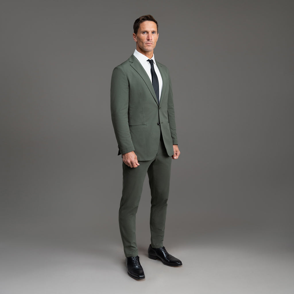 Bespoke custom athleisure technical men's suit los angeles model Tyler in Moss