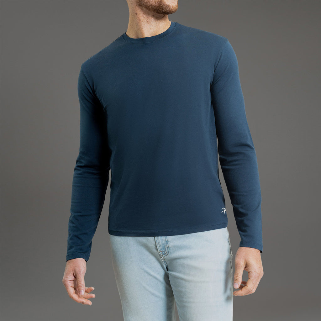 Custom longsleeve t-shirt on model Glen in Deep Sea