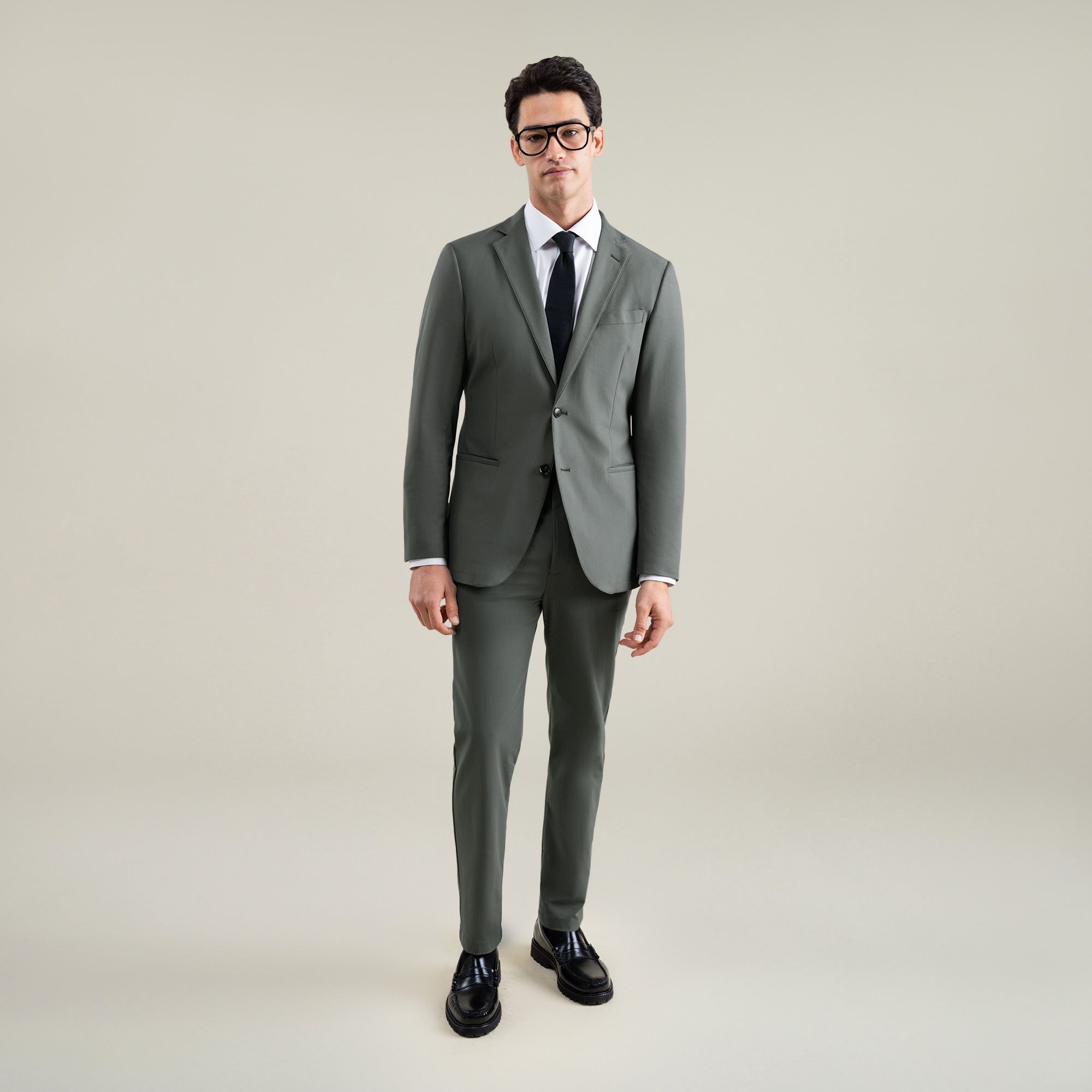 Tags:(6'1"|165) Bespoke custom athleisure technical athletic stretch suit los angeles model Jessey in Pebble