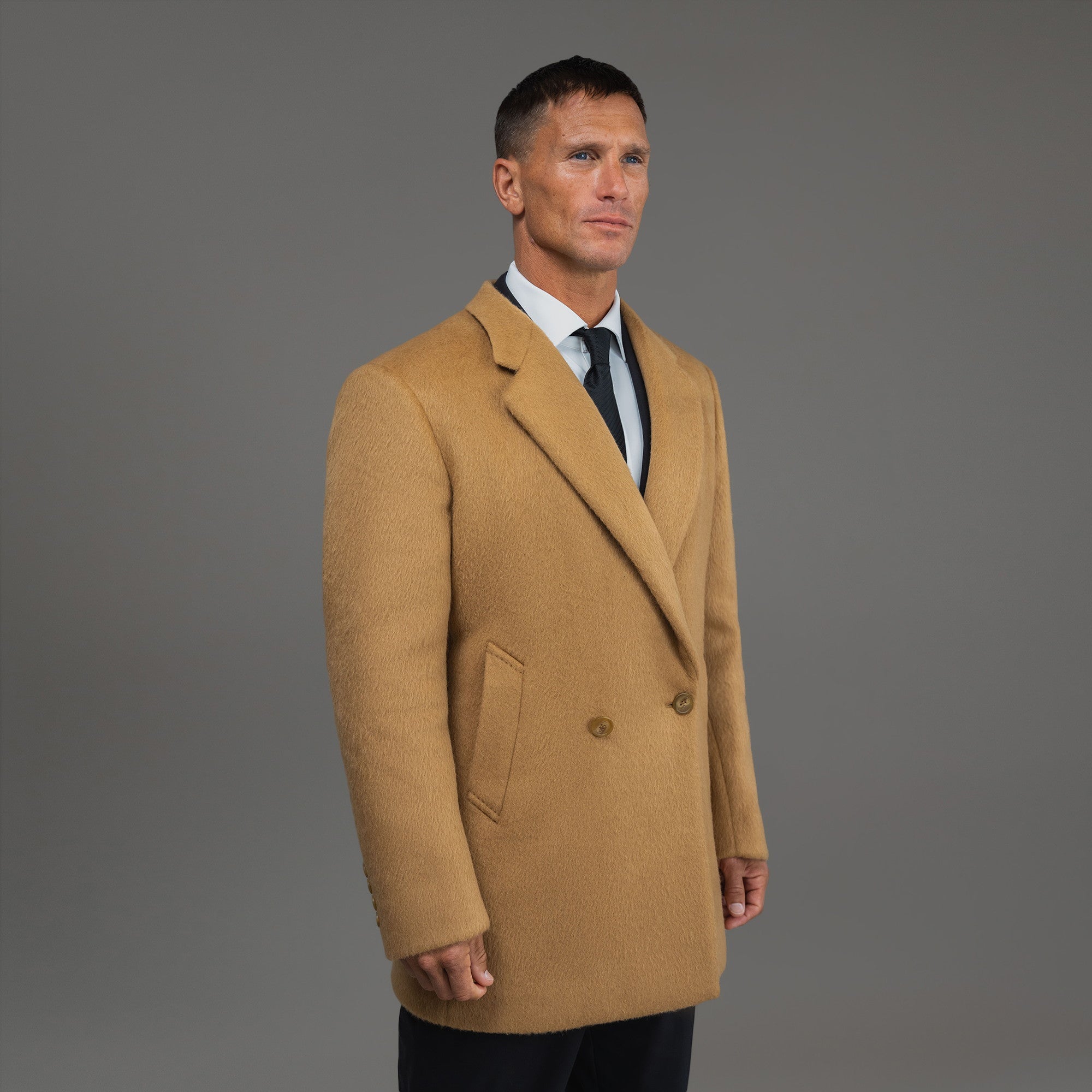 Tags:(6'0"|180 lbs) Bespoke custom linen men's suit los angeles model Tyler in  Camel