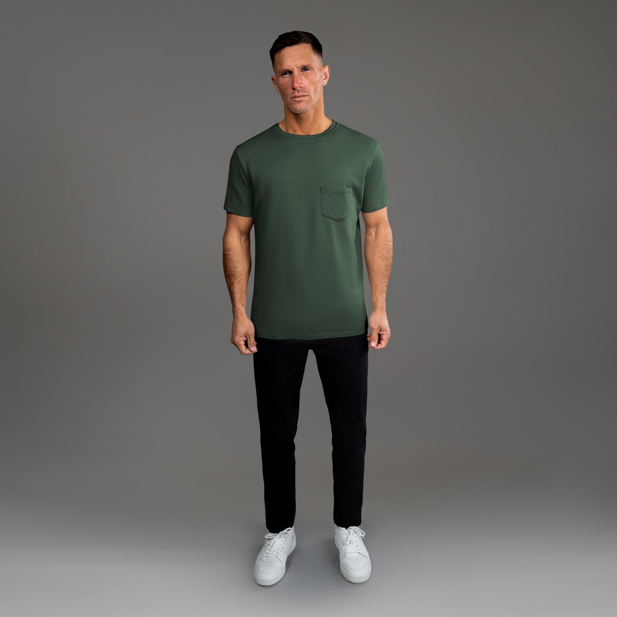 Tags:(6'0" - 180 lbs|Medium) custom t-shirt tee model Tyler in Moss