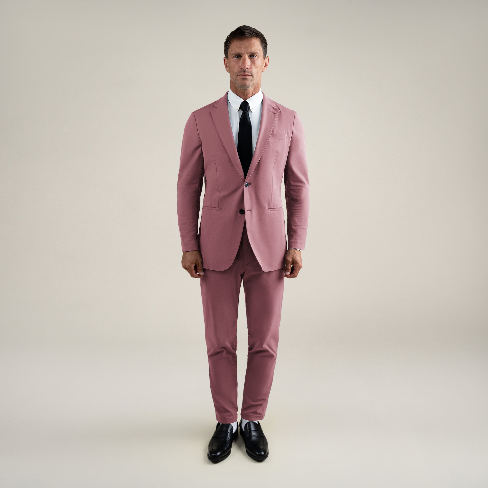 Tags:(6'0"|180 lbs) Bespoke custom athleisure technical men's suit los angeles model Tyler in Desert Rose