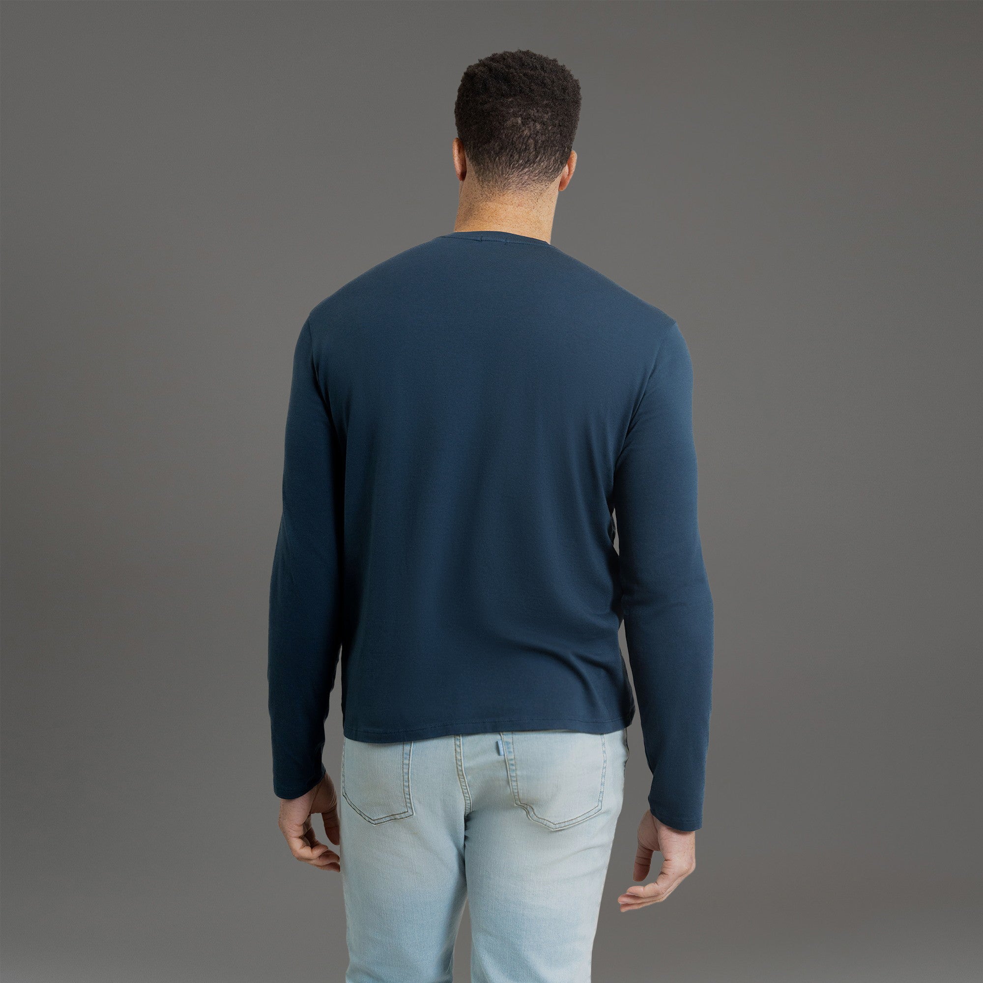Custom longsleeve t-shirt on model Glen in Deep Sea