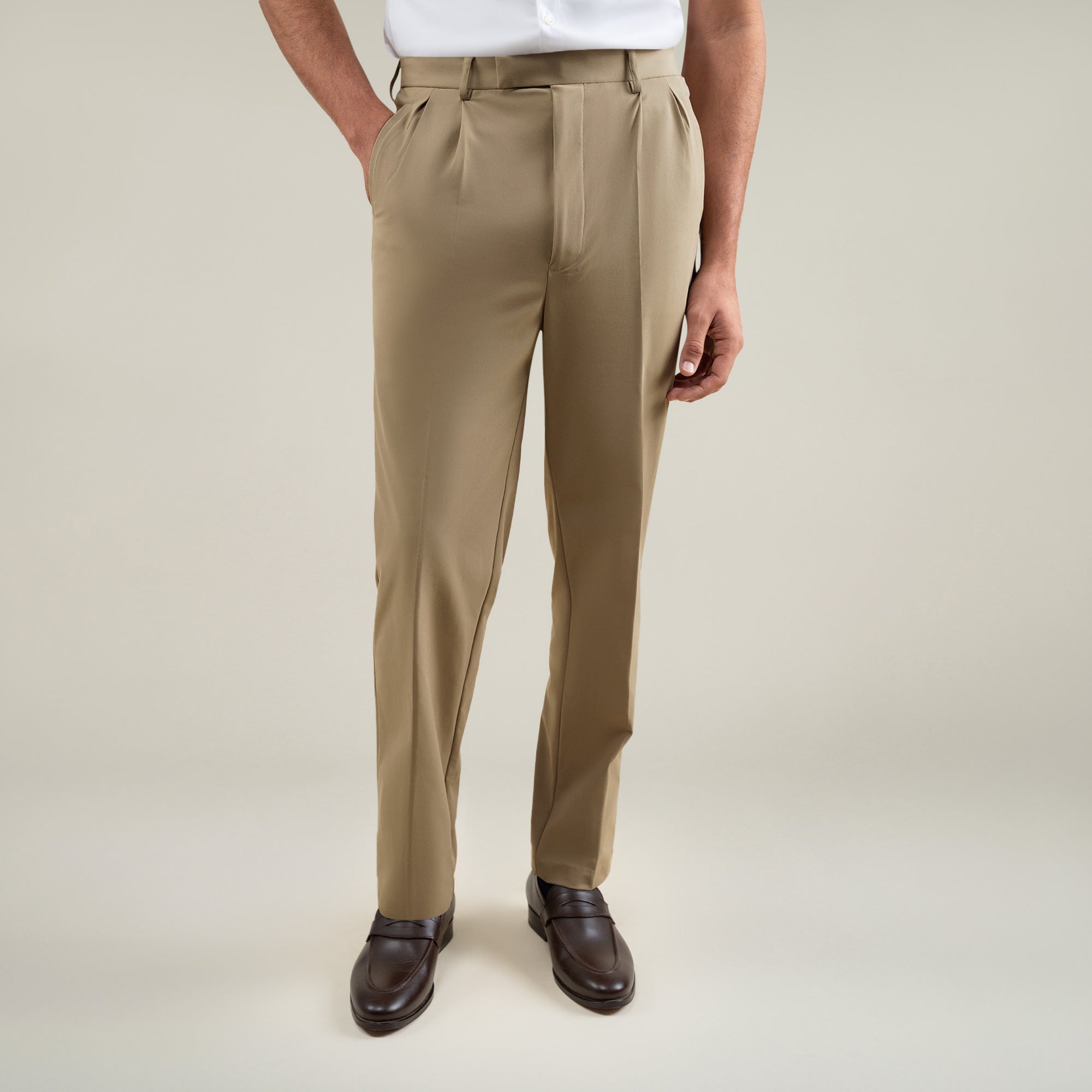 Tags:(6'1"|165) Custom Peak Lapel Tuxedo model Jessey in Warm Khaki