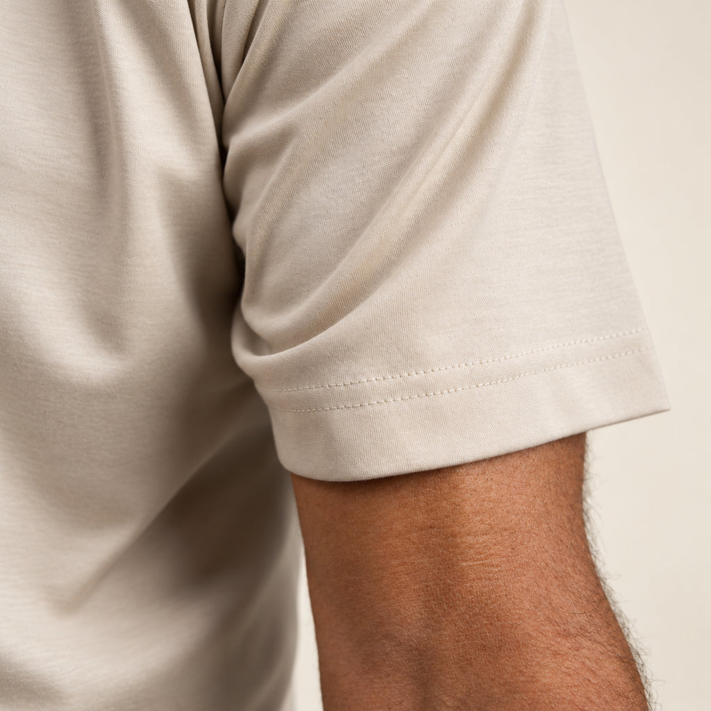 Pima Reserve Mock Neck T-Shirt model Guillermo in Beige
