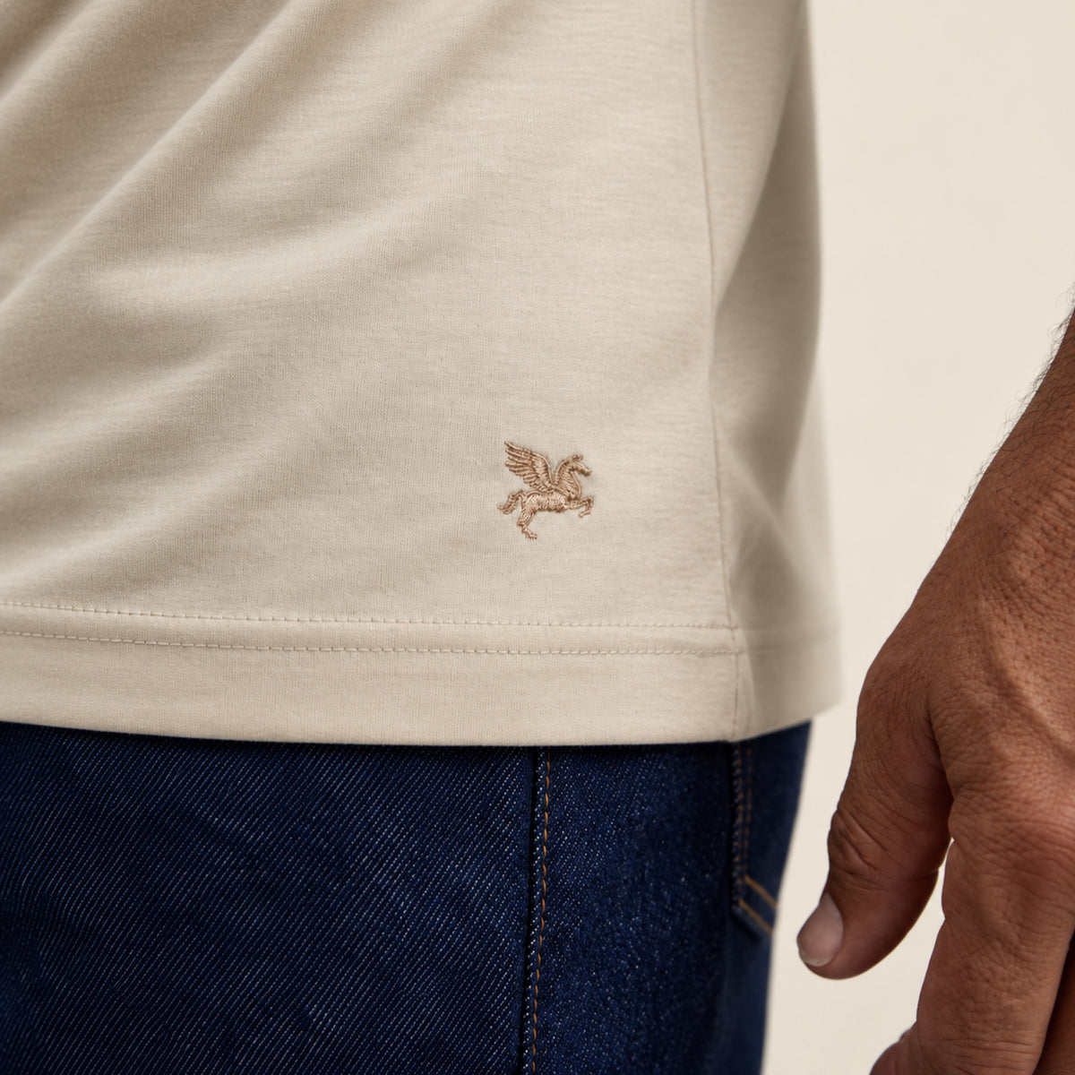 Pima Reserve Mock Neck T-Shirt model Guillermo in Beige