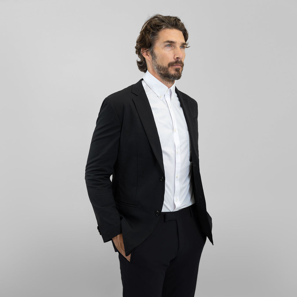 Tags:(6'0"|175 lbs) Bespoke custom athleisure technical athletic stretch suit los angeles model John in Black