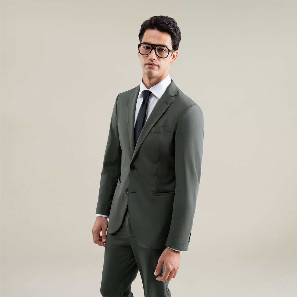 Tags:(6'1"|165) Bespoke custom athleisure technical athletic stretch suit los angeles model Jessey in Pebble