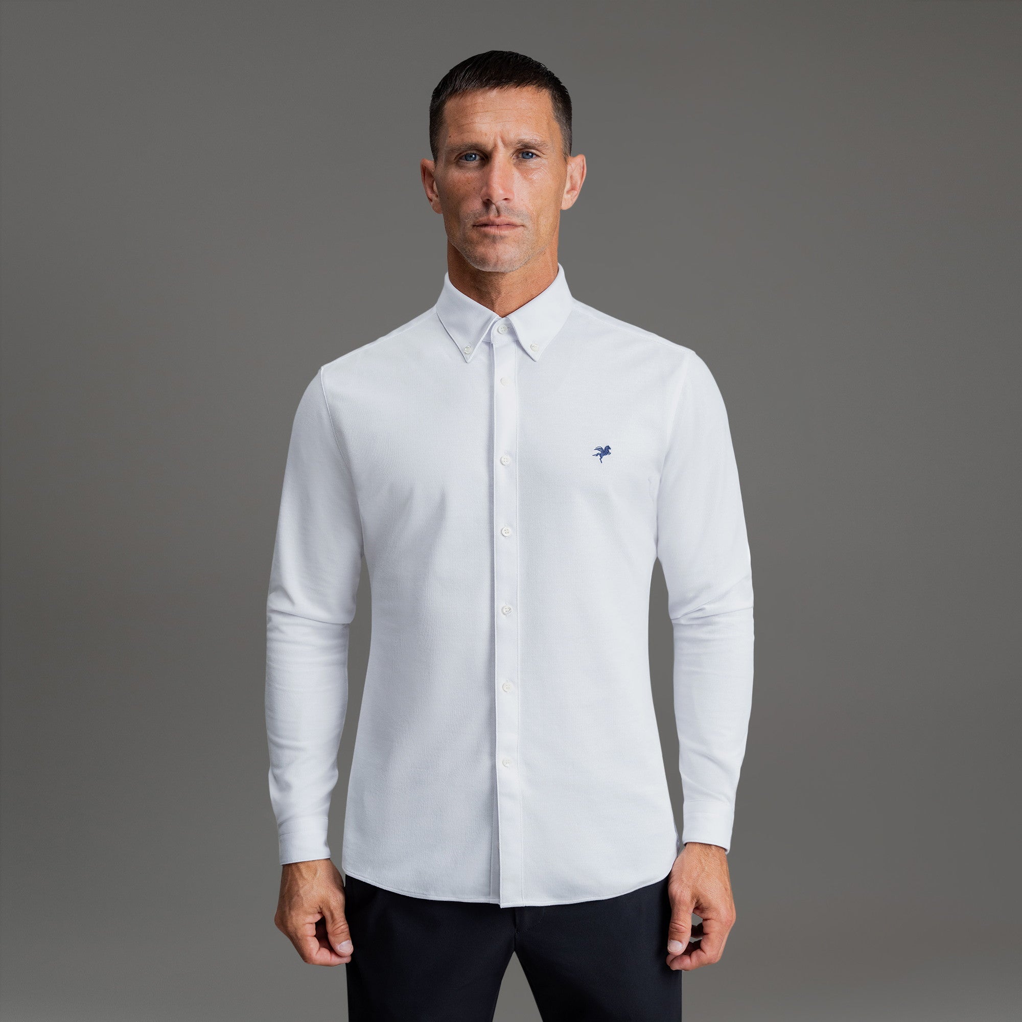 Custom Bespoke Tailored Mercer Shirt model Tyler in White Emblem