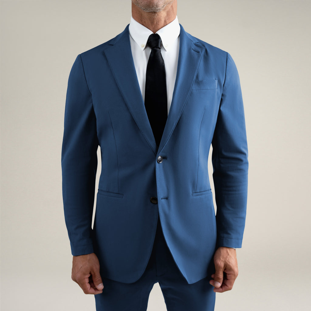 Tags:(6'0"|180 lbs) Bespoke custom athleisure technical athletic stretch suit los angeles model Tyler in Italian Blue