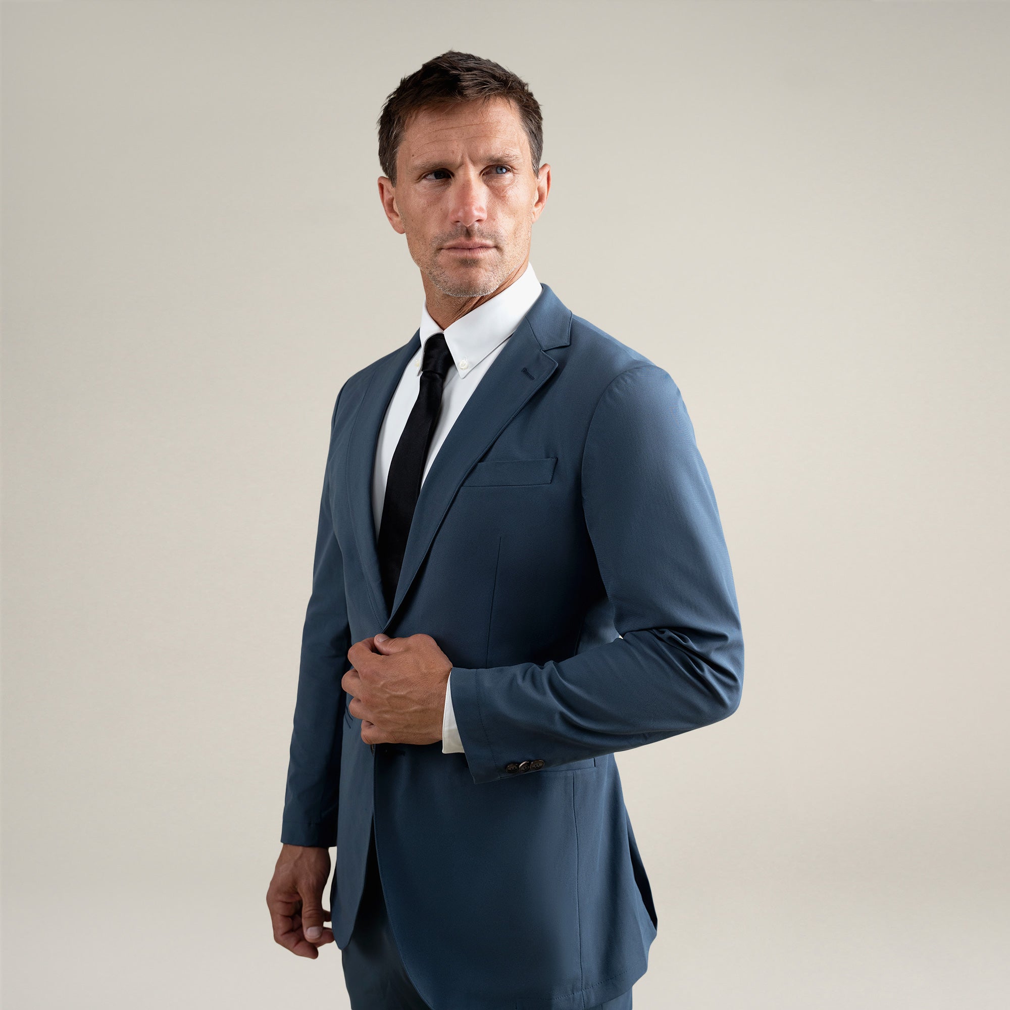 Tags:(6'0"|180 lbs) Bespoke custom athleisure technical men's suit los angeles model Tyler in Marina