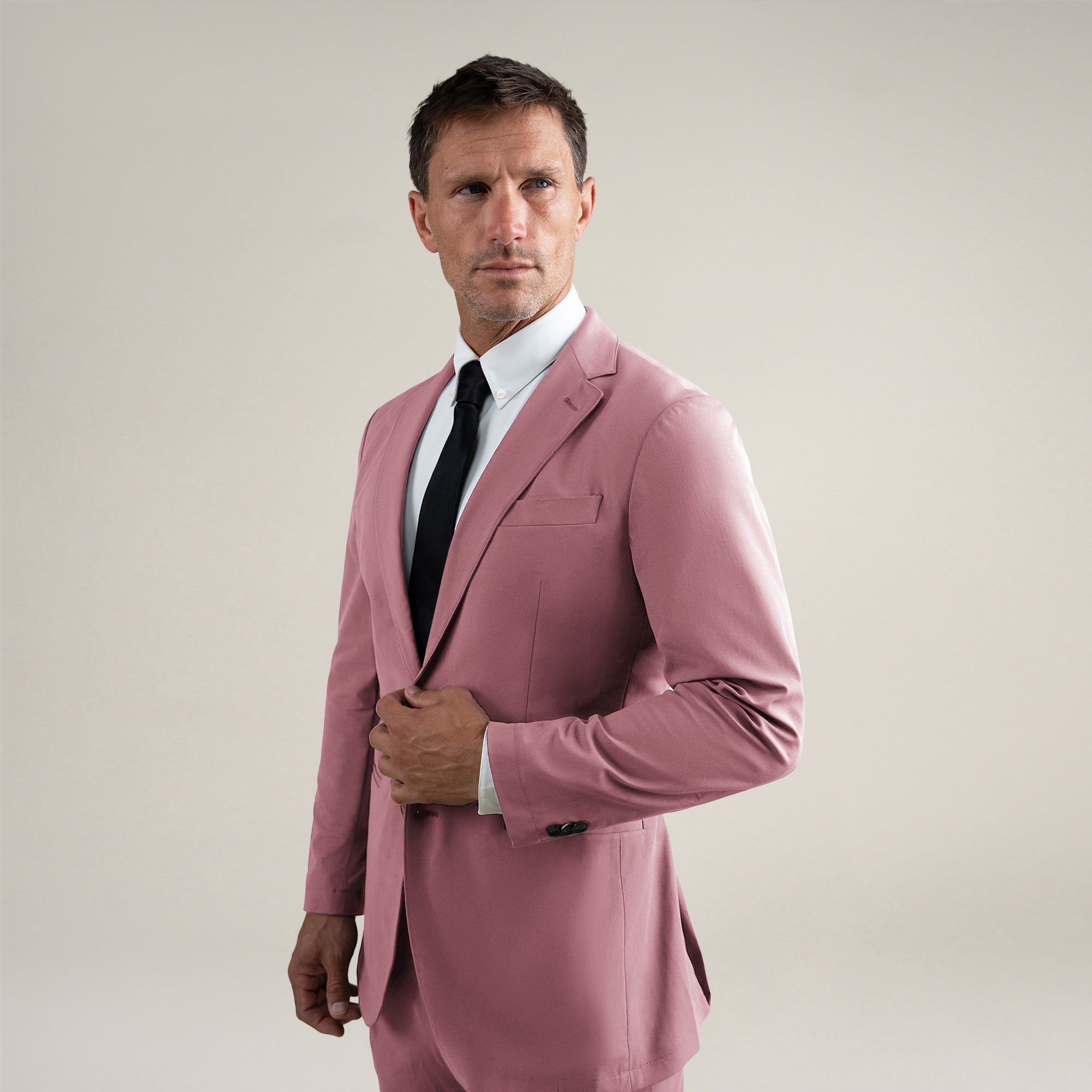 Tags:(6'0"|180 lbs) Bespoke custom athleisure technical men's suit los angeles model Tyler in Desert Rose