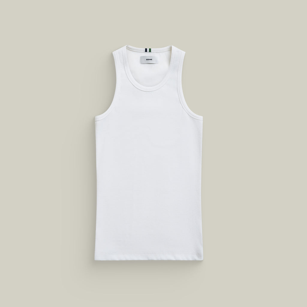 Cotton Ribbed Tank model Tyler in White