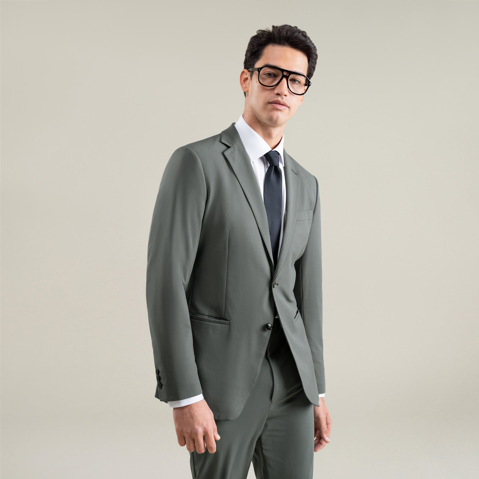 Tags:(6'1"|165) Bespoke custom athleisure technical athletic stretch suit los angeles model Jessey in Pebble