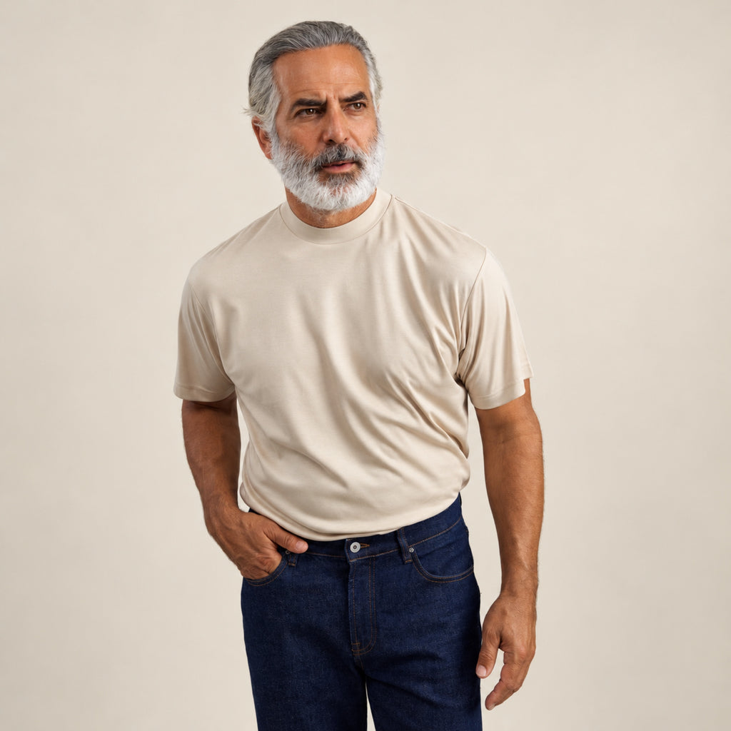 Pima Reserve Mock Neck T-Shirt model Guillermo in Beige