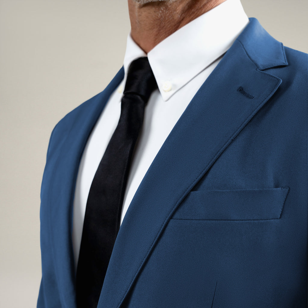 Tags:(6'0"|180 lbs) Bespoke custom athleisure technical athletic stretch suit los angeles model Tyler in Italian Blue