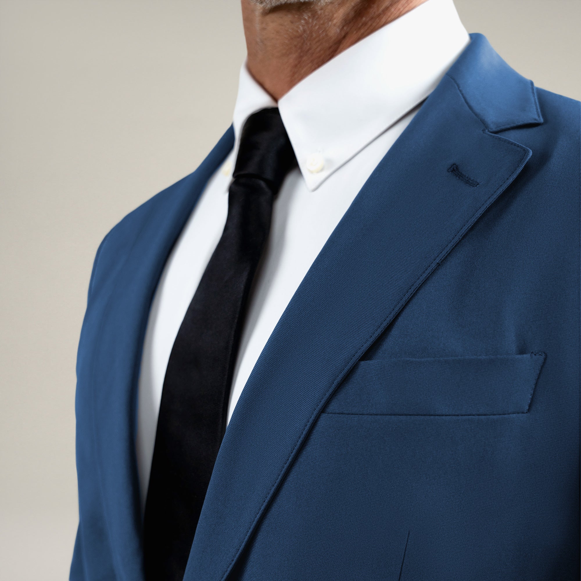Tags:(6'0"|180 lbs) Bespoke custom athleisure technical athletic stretch suit los angeles model Tyler in Italian Blue