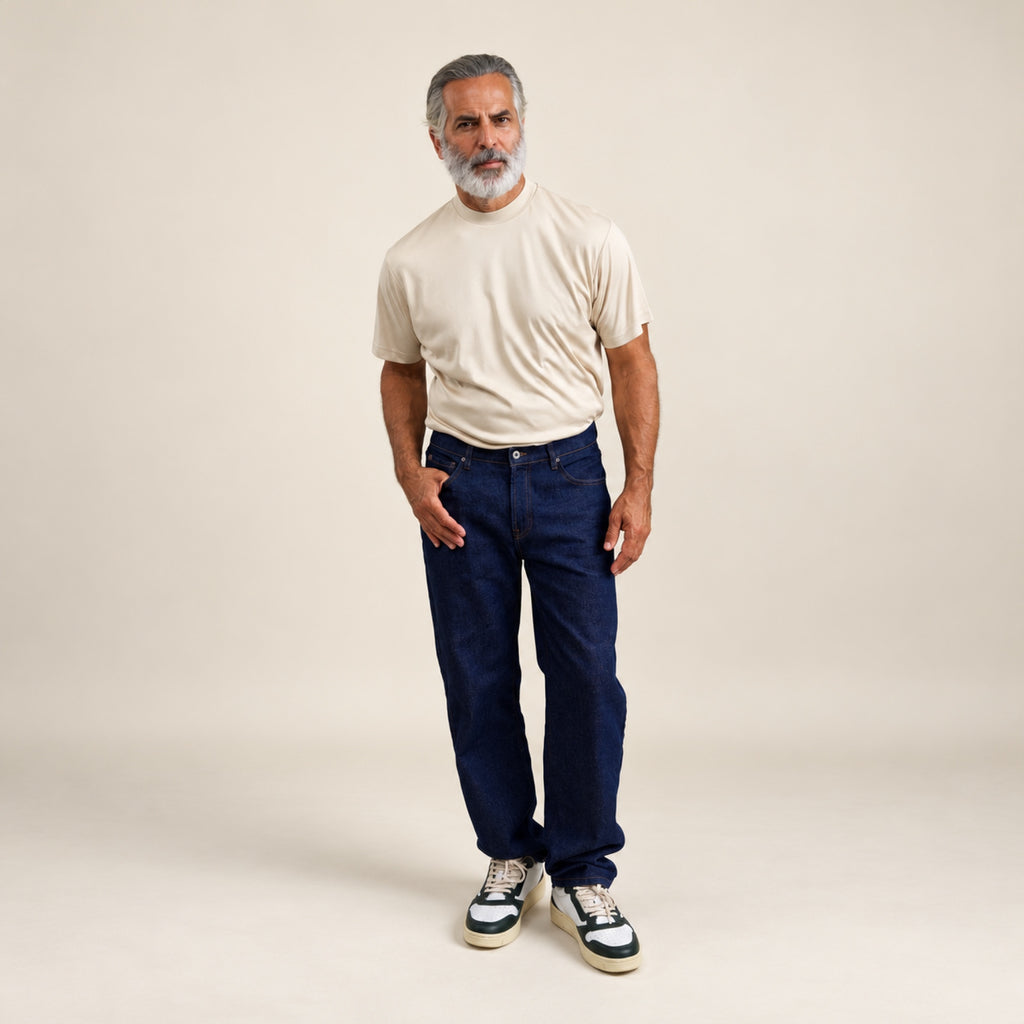 Pima Reserve Mock Neck T-Shirt model Guillermo in Beige