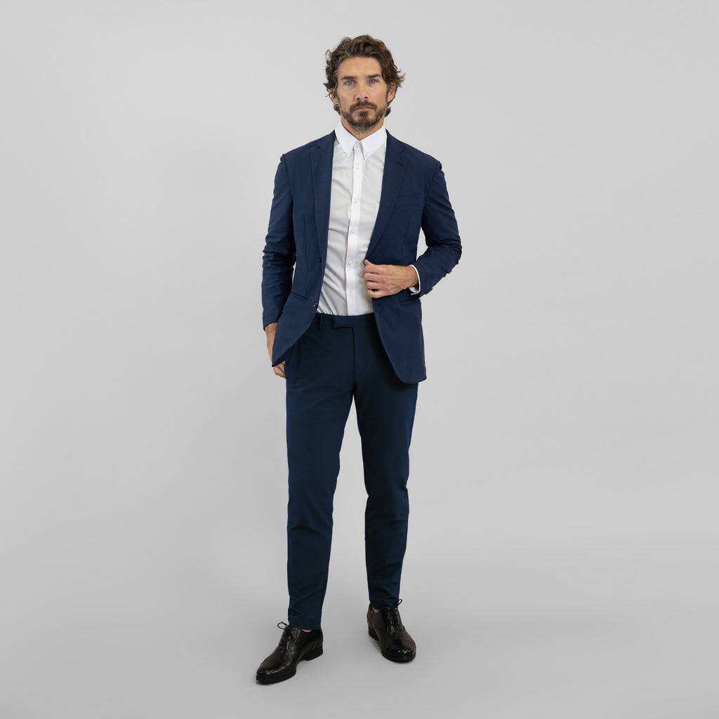 Tags:(6'0"|175 lbs) Bespoke custom athleisure technical men's suit los angeles model John in Navy
