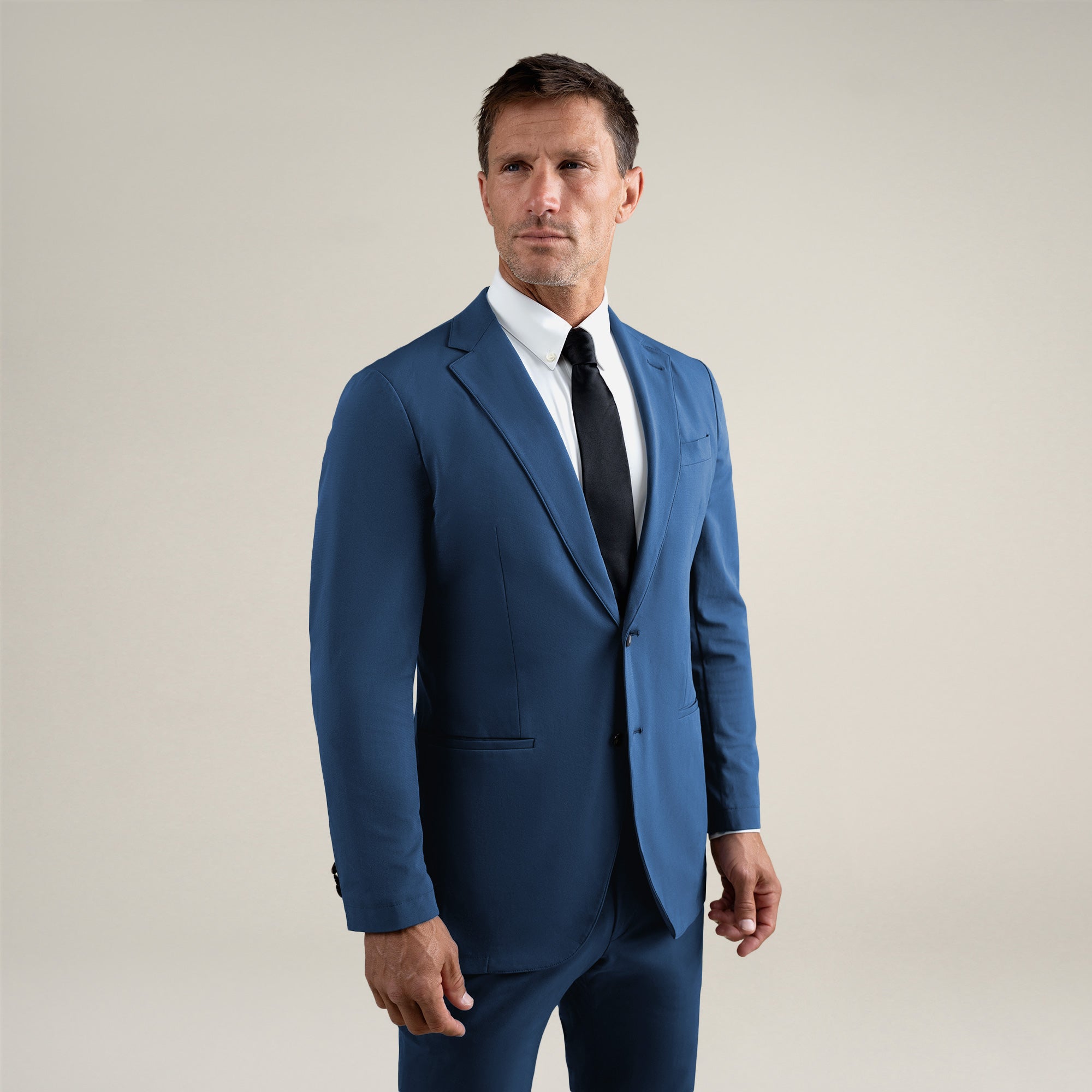 Tags:(6'0"|180 lbs) Bespoke custom athleisure technical athletic stretch suit los angeles model Tyler in Italian Blue