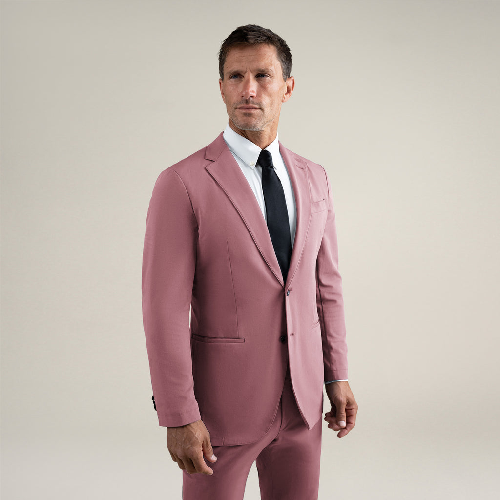 Tags:(6'0"|180 lbs) Bespoke custom athleisure technical men's suit los angeles model Tyler in Desert Rose