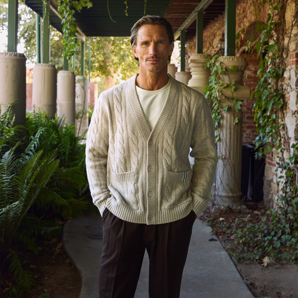 Knit Rib Cardigan model Tyler in Sandstone