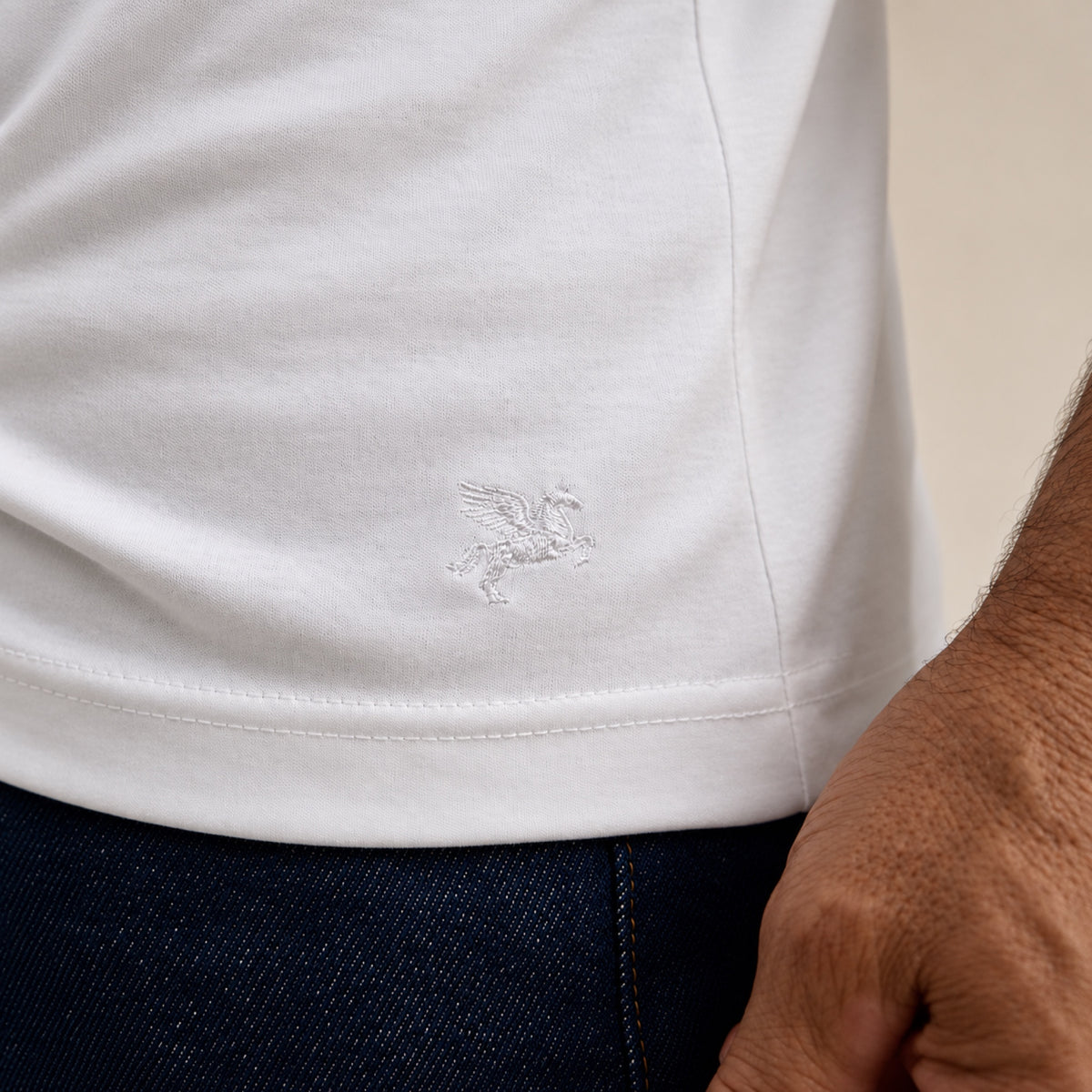 Pima Reserve Mock Neck T-Shirt model Guillermo in White