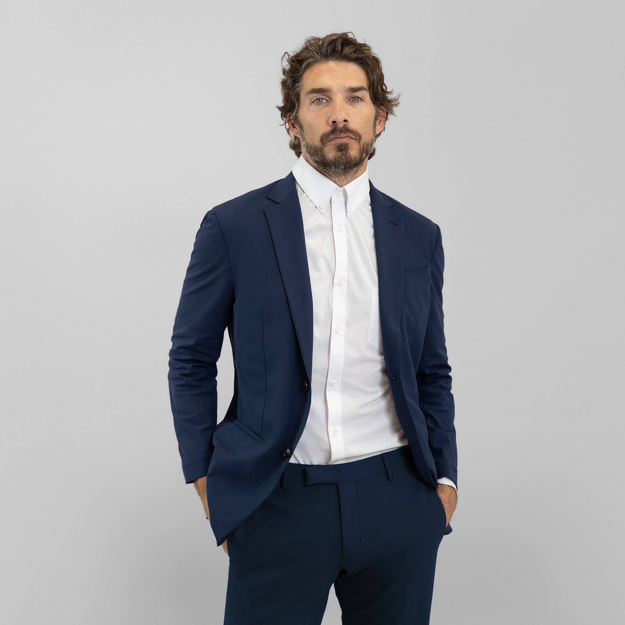 Tags:(6'0"|175 lbs) Bespoke custom athleisure technical men's suit los angeles model John in Navy