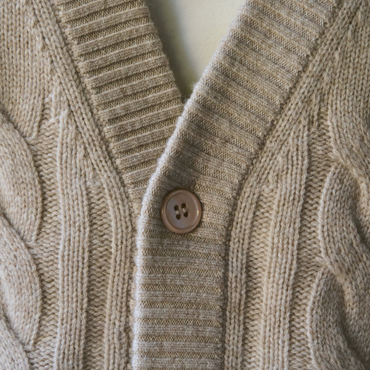 Knit Rib Cardigan model Tyler in Sandstone