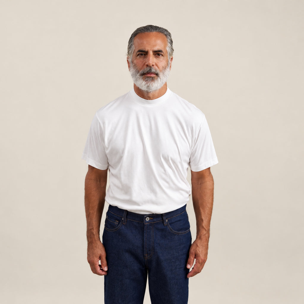 Pima Reserve Mock Neck T-Shirt model Guillermo in White
