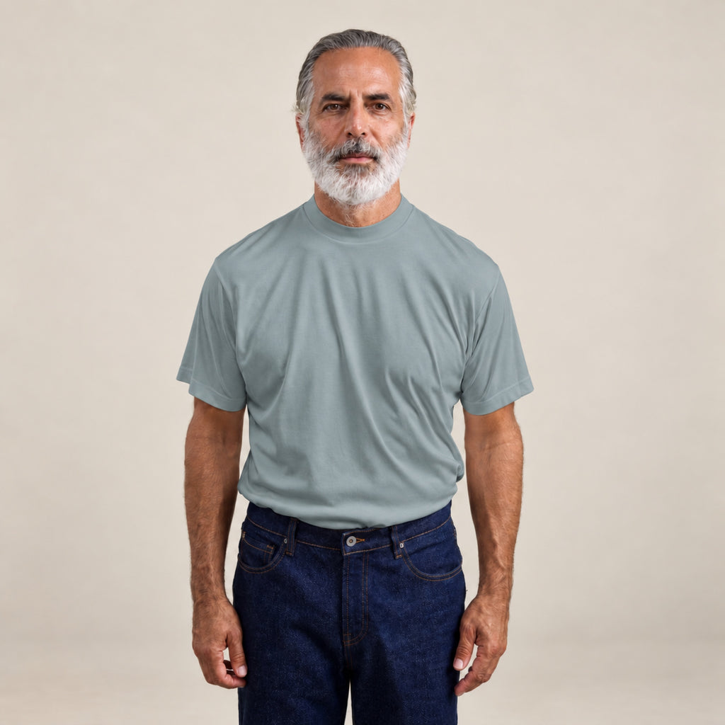 Pima Reserve Mock Neck T-Shirt model Guillermo in Steel
