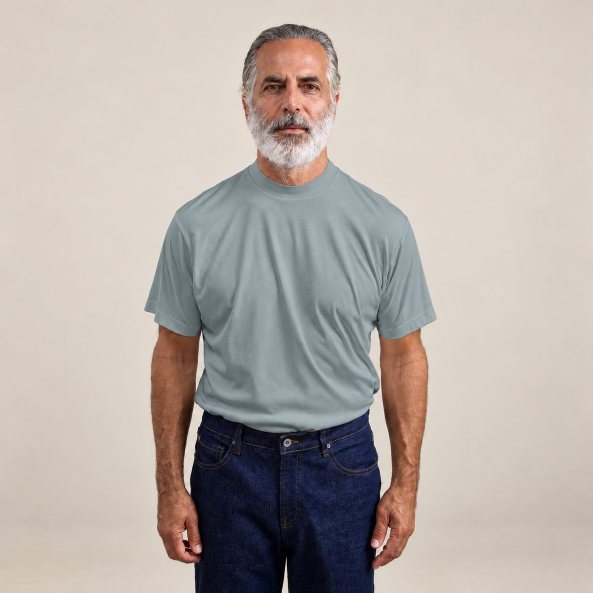 Pima Reserve Mock Neck T-Shirt model Guillermo in Steel