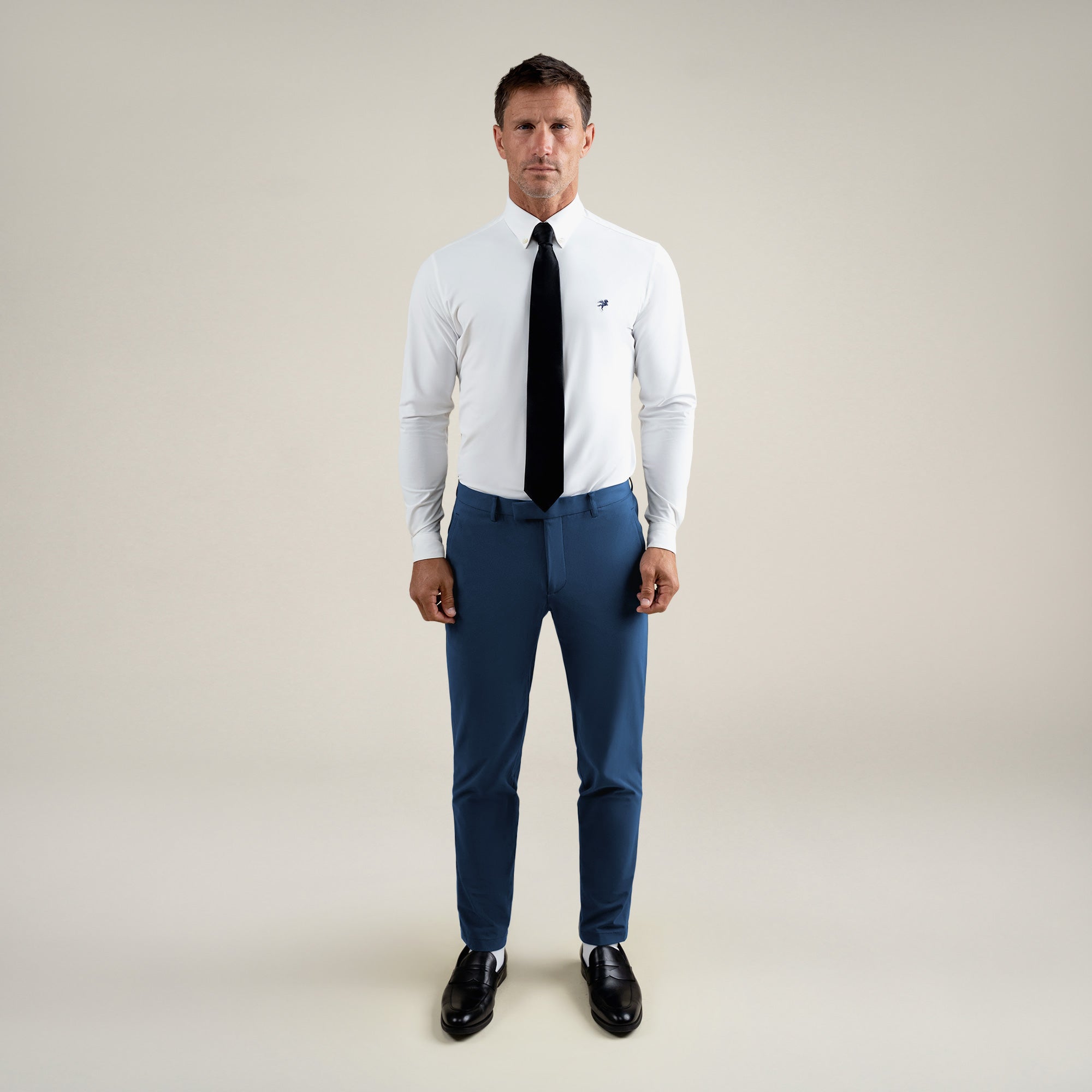 Tags:(6'0"|180 lbs) bespoke custom trousers pant chino performance technical model Tyler in Italian Blue