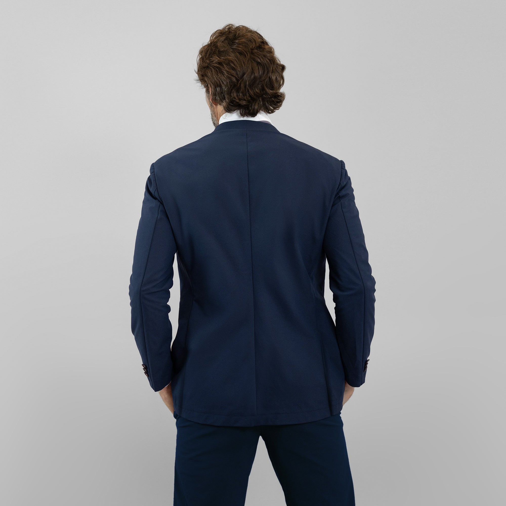 Tags:(6'0"|175 lbs) Bespoke custom athleisure technical men's suit los angeles model John in Navy