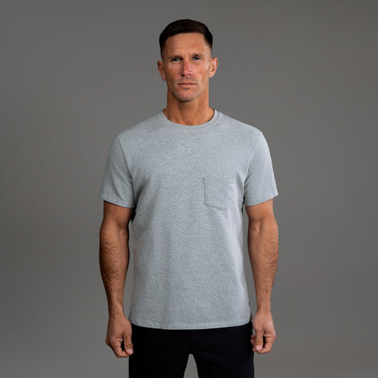  custom crew neck t-shirt los angeles model Tyler in Heather Gray