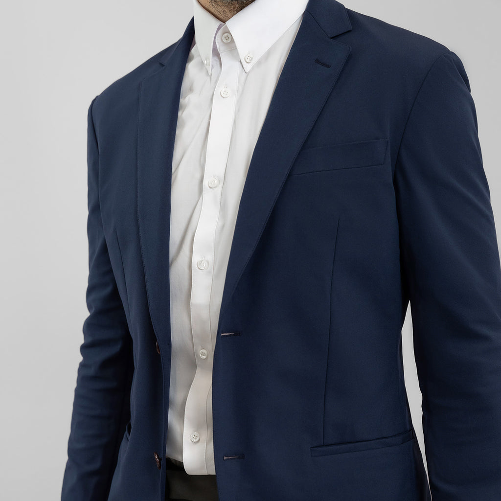 Tags:(6'0"|175 lbs) Bespoke custom athleisure technical men's suit los angeles model John in Navy