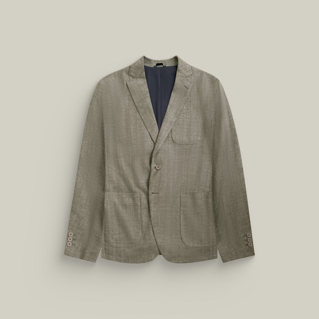 Solano Wool Linen Silk Blazer model tyler in Sage Brush