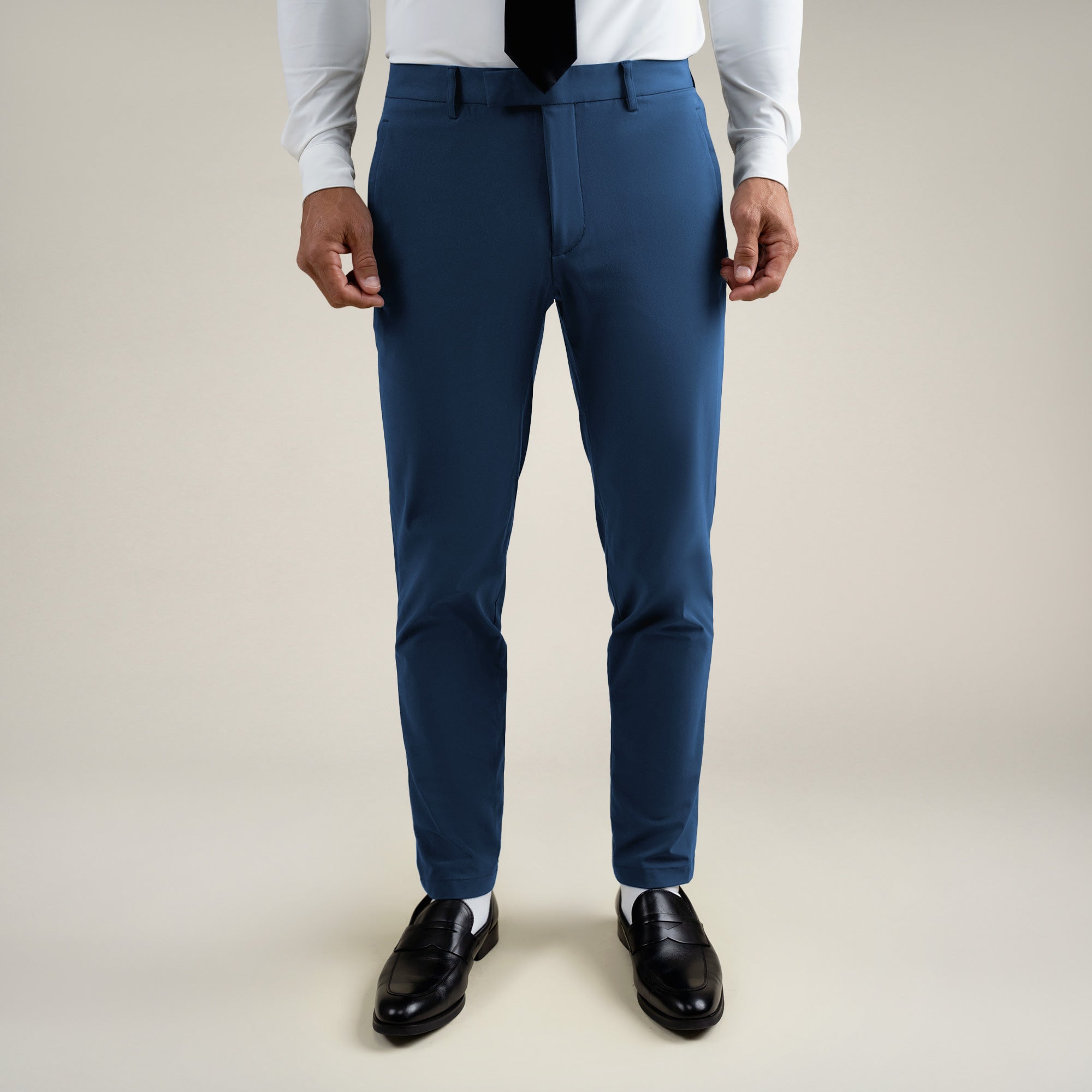 Tags:(6'0"|180 lbs) bespoke custom trousers pant chino performance technical model Tyler in Italian Blue